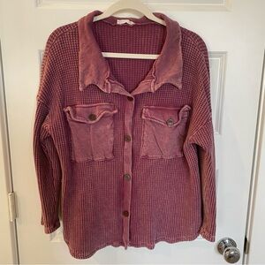 Washed Waffle Knit Shacket- Small / Burgundy